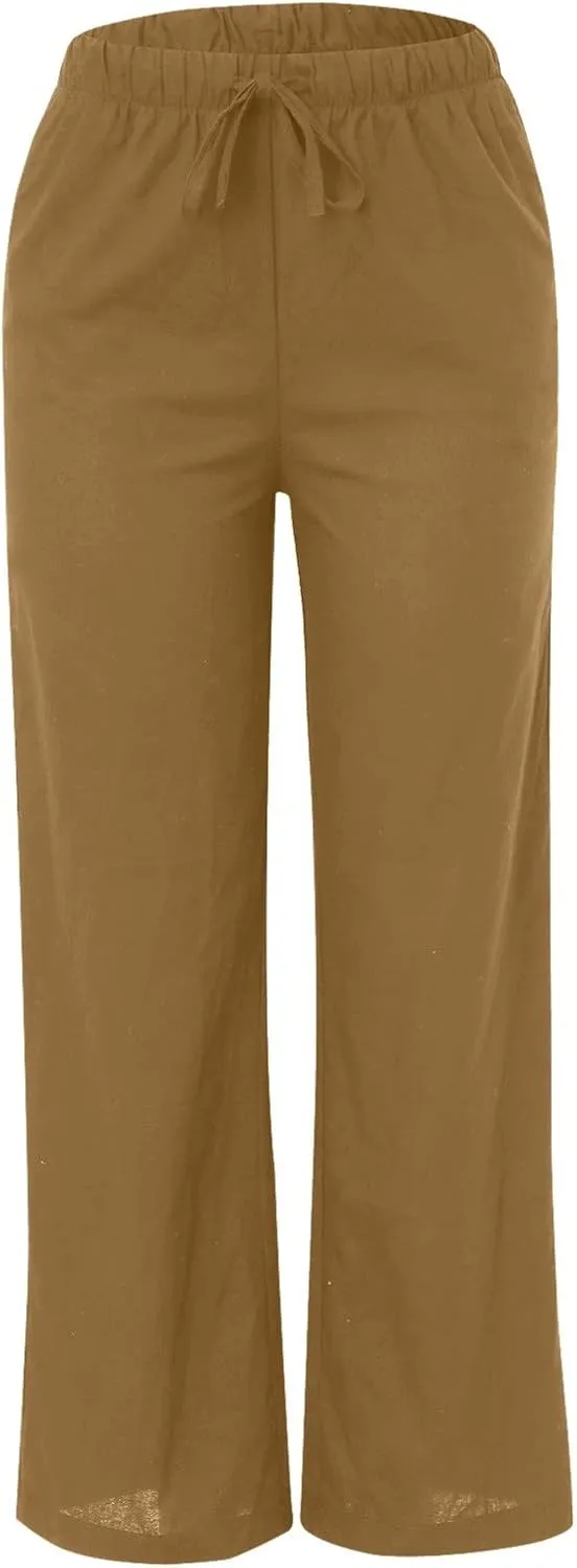Wide Leg Linen Pants for Women Summer Flowy High Waisted Beach Palazzo Trousers Elastic Waist Casual Flowy Pants