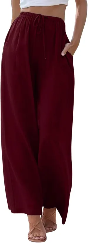Wide Leg Linen Pants for Women Summer Flowy High Waisted Beach Palazzo Trousers Elastic Waist Casual Flowy Pants