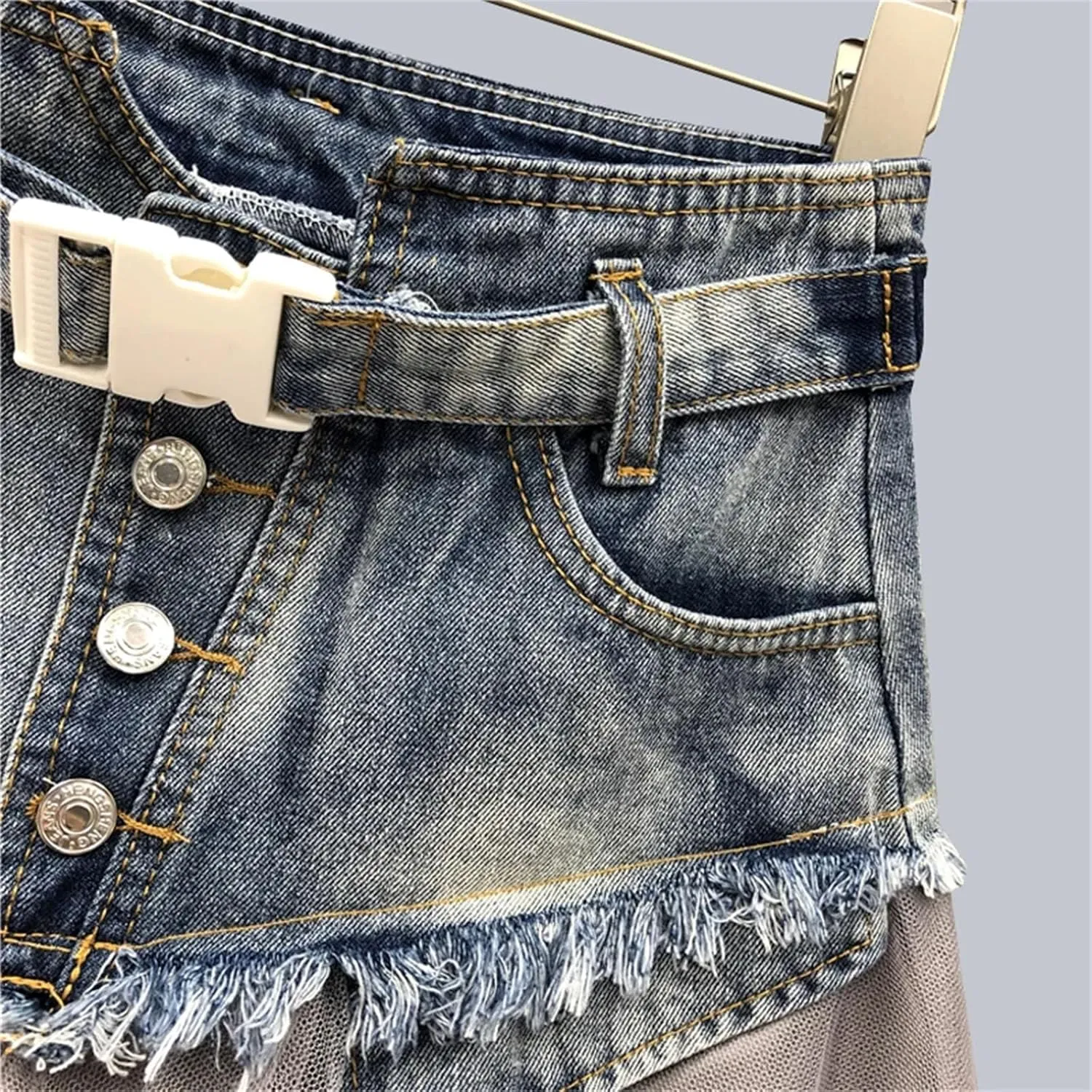 Women Lace Tulle Mesh Denim Skirt High Waist A Line Asymmetric Frill Jeans Skirts