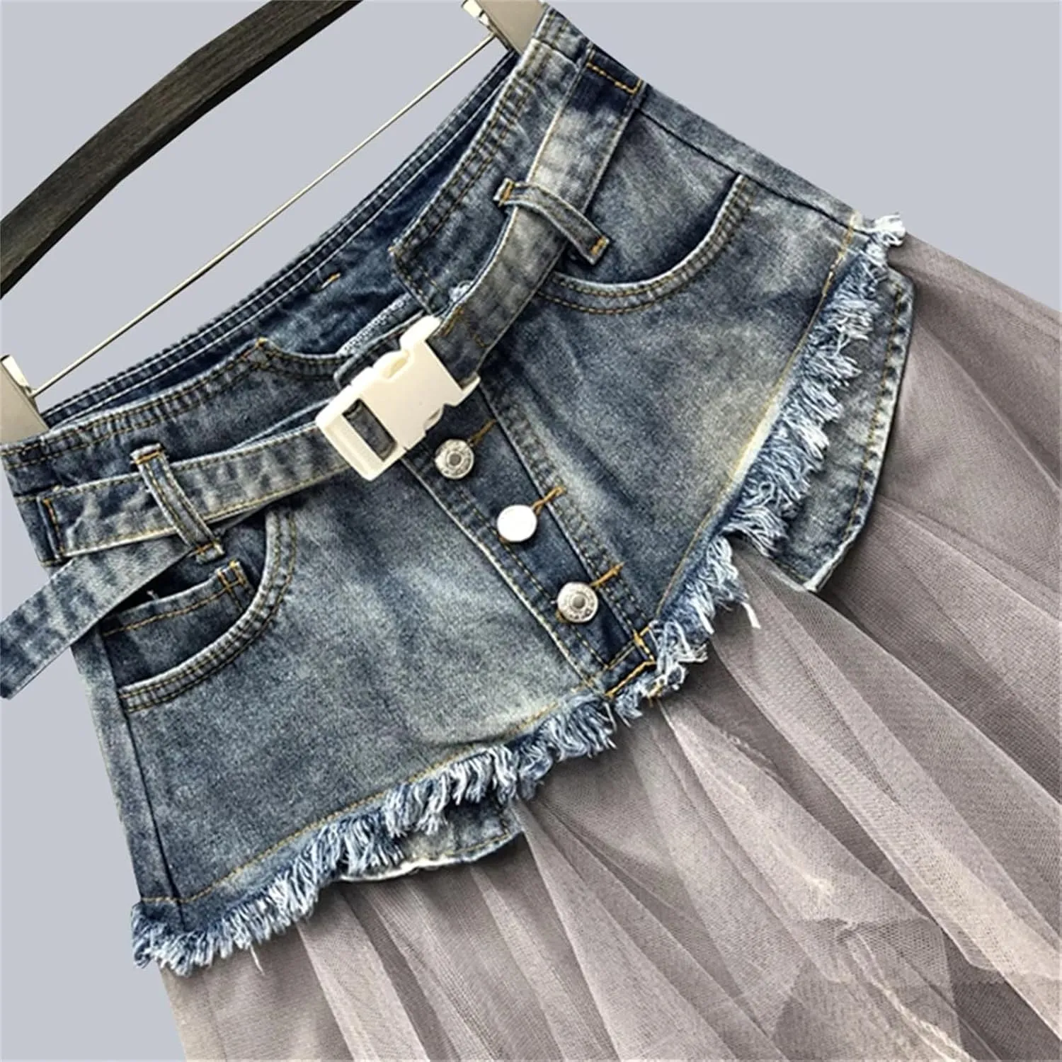 Women Lace Tulle Mesh Denim Skirt High Waist A Line Asymmetric Frill Jeans Skirts