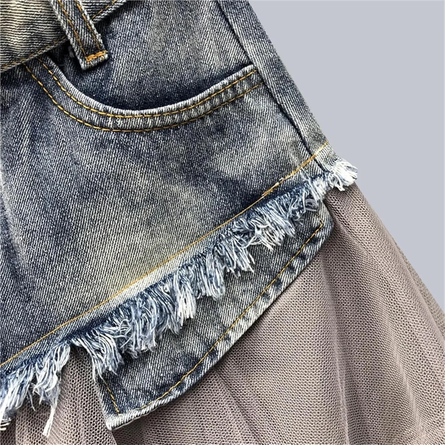 Women Lace Tulle Mesh Denim Skirt High Waist A Line Asymmetric Frill Jeans Skirts