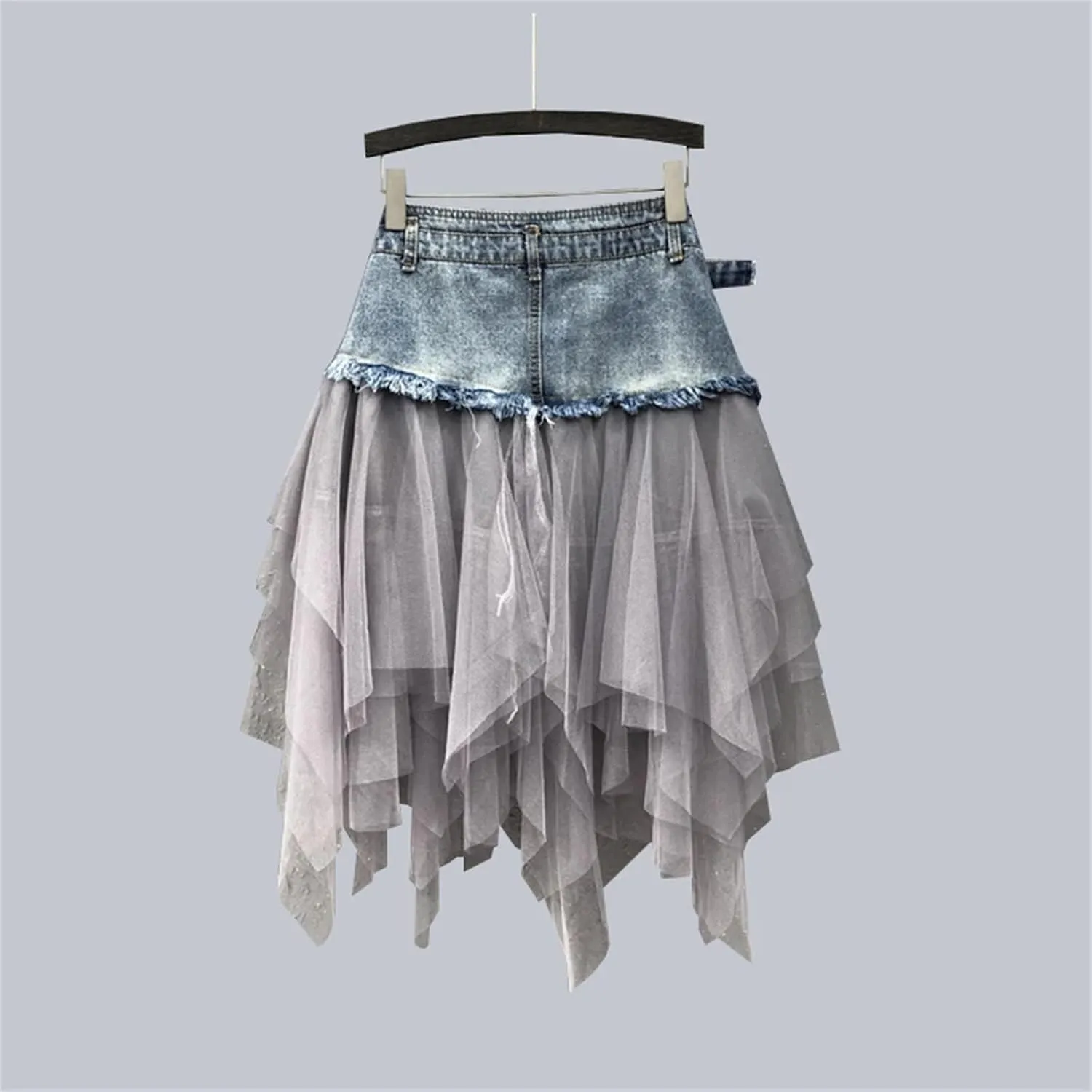 Women Lace Tulle Mesh Denim Skirt High Waist A Line Asymmetric Frill Jeans Skirts