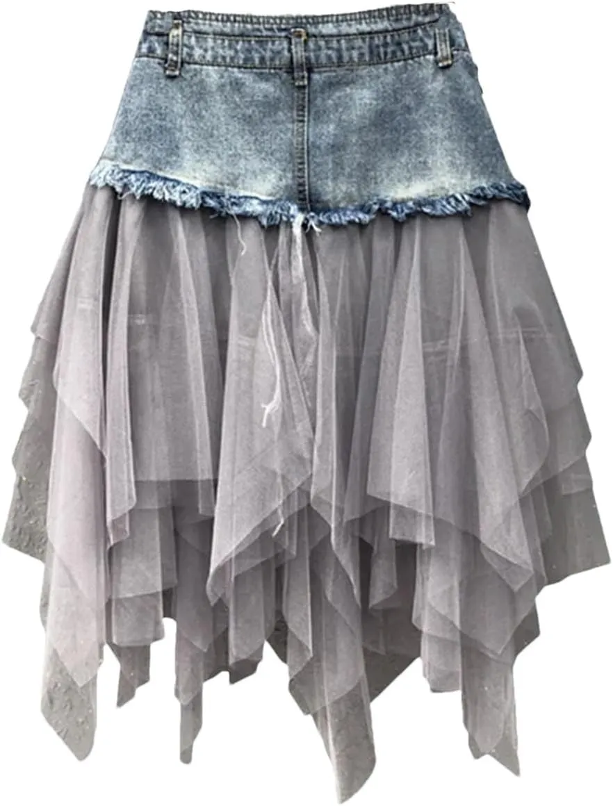 Women Lace Tulle Mesh Denim Skirt High Waist A Line Asymmetric Frill Jeans Skirts