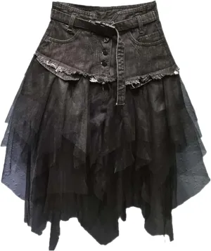 Women Lace Tulle Mesh Denim Skirt High Waist A Line Asymmetric Frill Jeans Skirts