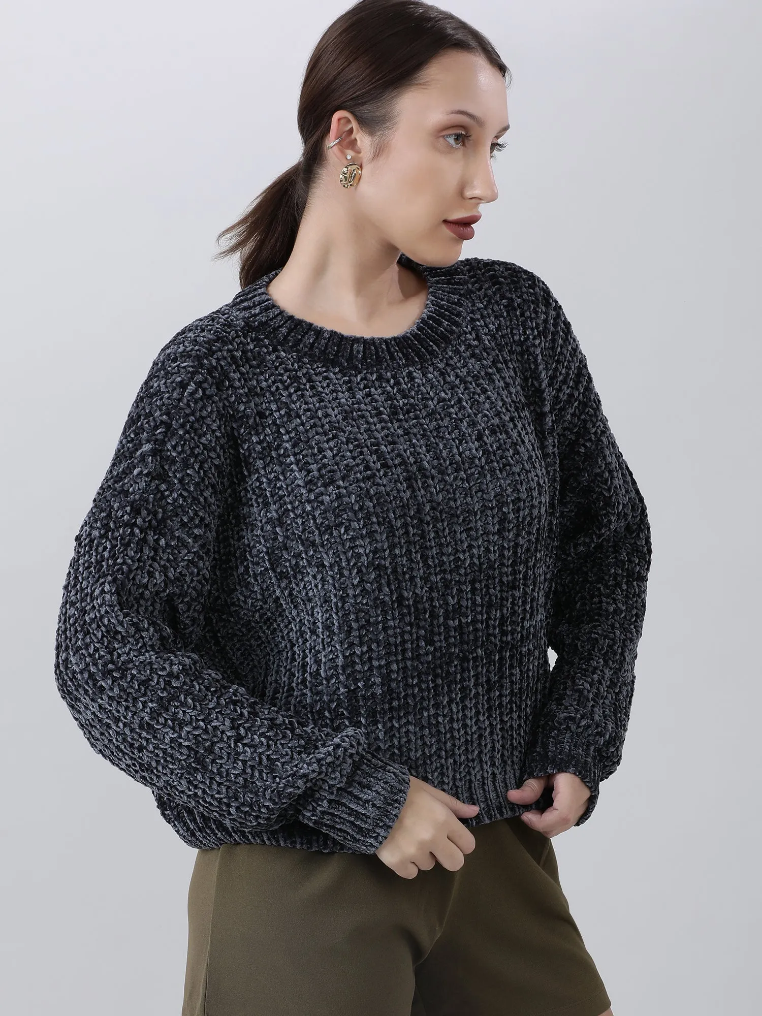 Women Regular Fit Dark Grey Knitted Sweater
