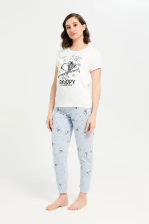 Women White And Blue Snoopy Print Pajama Set (2 Piece)