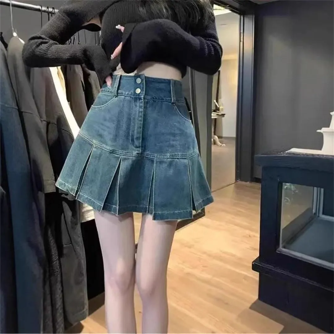 Women's High Waist Pleated Denim Mini Skirt Summer Small Size Double Belly Covering Design Unique Pleated Skirt