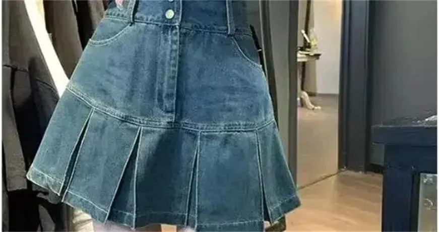 Women's High Waist Pleated Denim Mini Skirt Summer Small Size Double Belly Covering Design Unique Pleated Skirt
