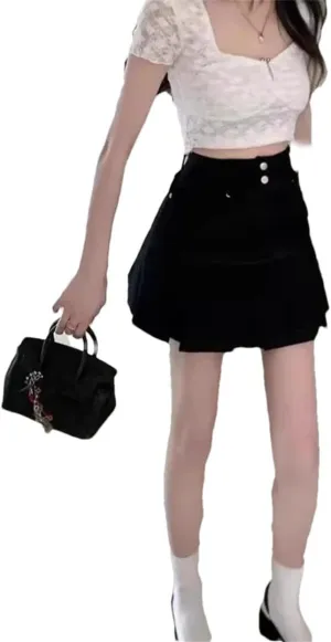 Women's High Waist Pleated Denim Mini Skirt Summer Small Size Double Belly Covering Design Unique Pleated Skirt
