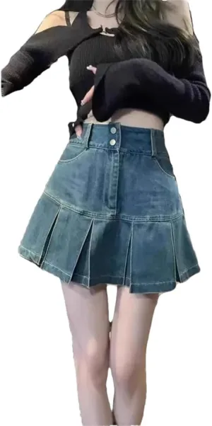 Women's High Waist Pleated Denim Mini Skirt Summer Small Size Double Belly Covering Design Unique Pleated Skirt