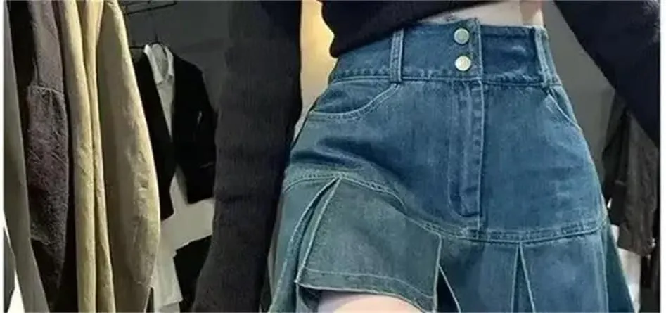 Women's High Waist Pleated Denim Mini Skirt Summer Small Size Double Belly Covering Design Unique Pleated Skirt