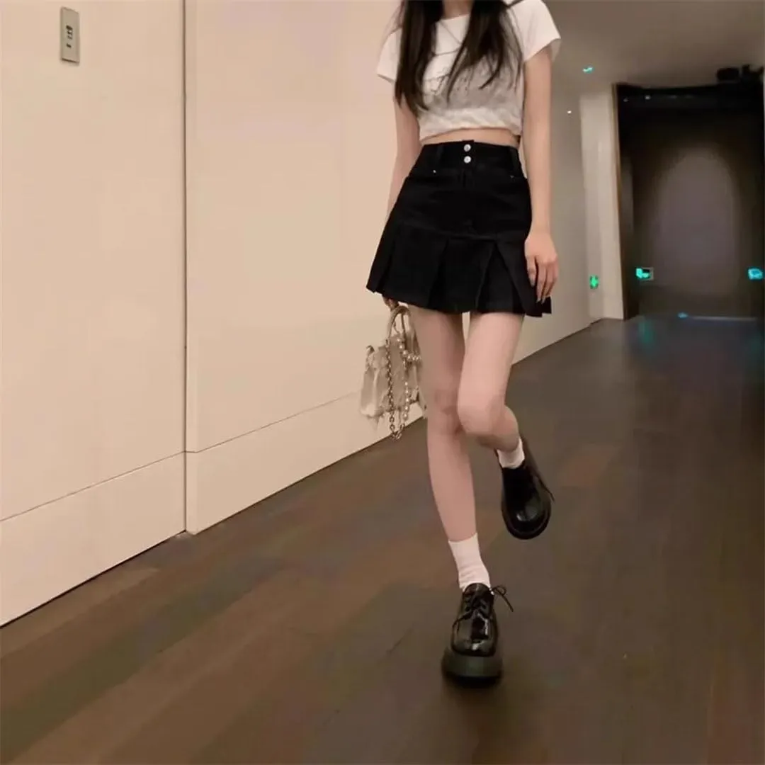 Women's High Waist Pleated Denim Mini Skirt Summer Small Size Double Belly Covering Design Unique Pleated Skirt