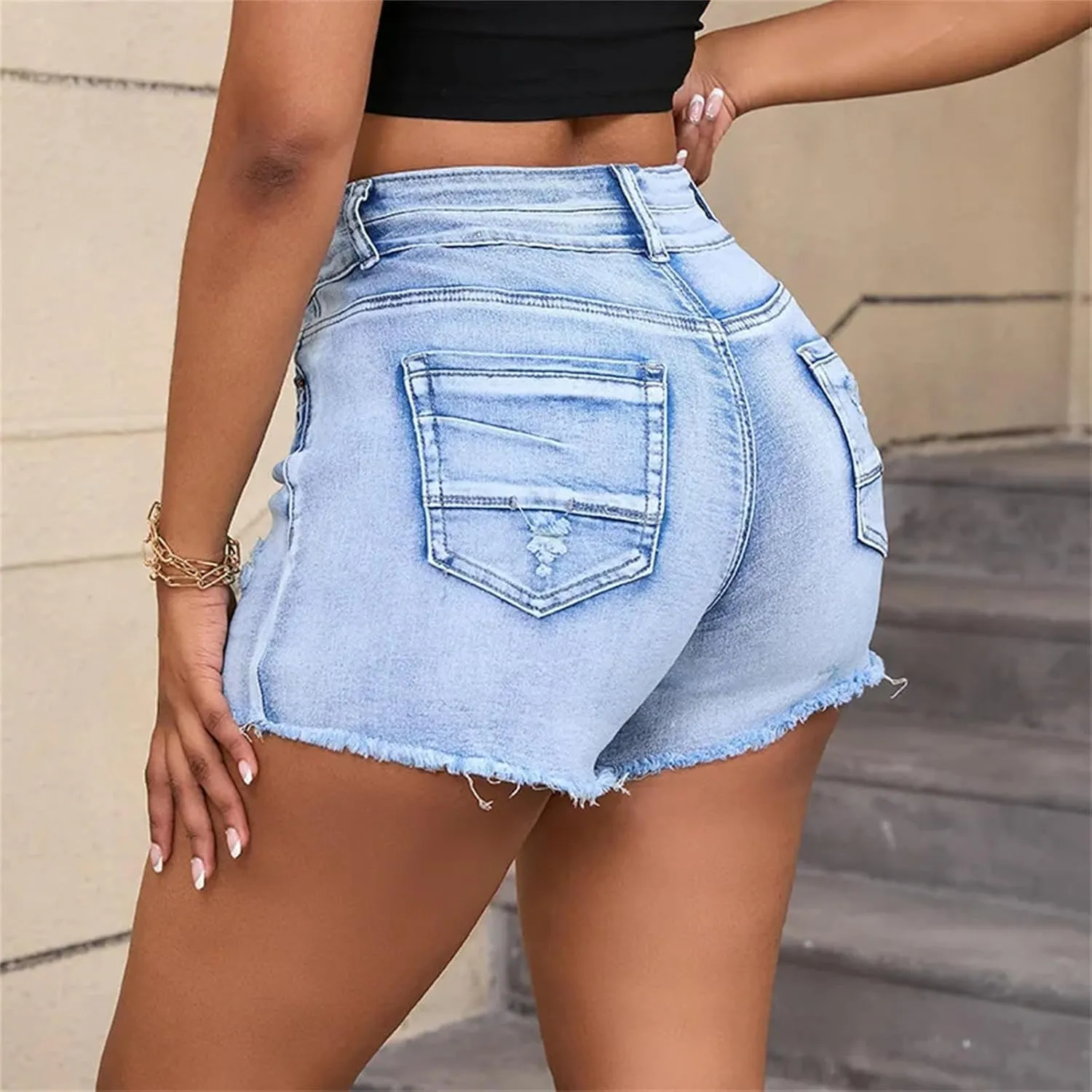 Women's High Waisted Fashion Straight Leg Ripped Denim Shorts Washed Distressed Skinny Jeans