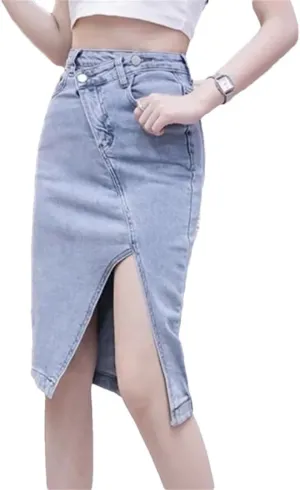 Women's Jeans Skirts with Slit Denim Skirt Midi Patchwork Clothing Summer Aesthetic Skirt