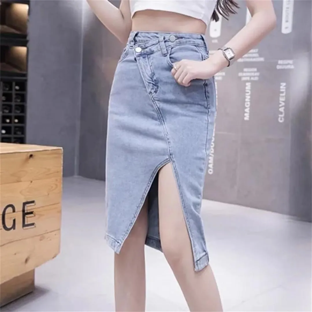Women's Jeans Skirts with Slit Denim Skirt Midi Patchwork Clothing Summer Aesthetic Skirt