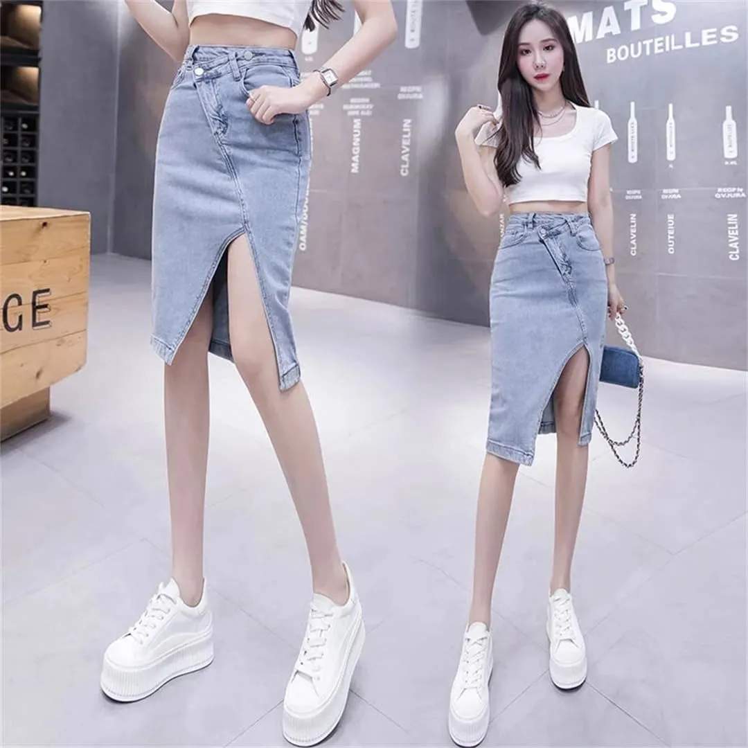 Women's Jeans Skirts with Slit Denim Skirt Midi Patchwork Clothing Summer Aesthetic Skirt