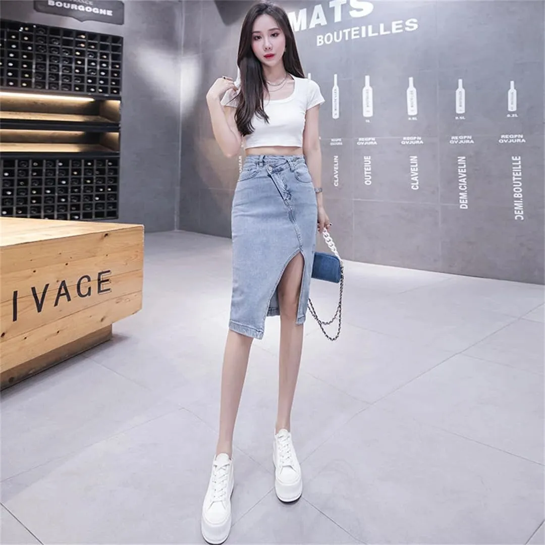 Women's Jeans Skirts with Slit Denim Skirt Midi Patchwork Clothing Summer Aesthetic Skirt