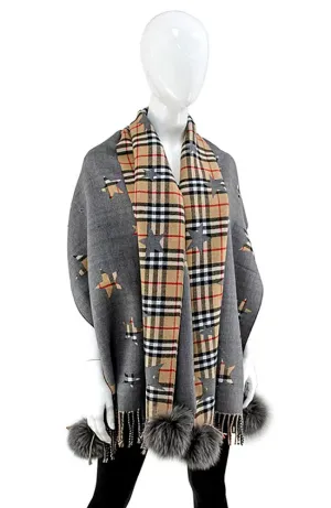 Woven Plaid Scarf Stars Poms