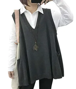 YESNO Women Loose Swing Chunky Cotton Sweater Vests Oversized Knit Pullovers Tops with Cute Drop Pockets M WM9 Gray