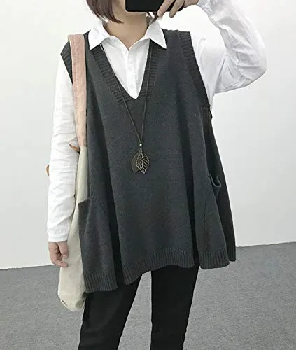 YESNO Women Loose Swing Chunky Cotton Sweater Vests Oversized Knit Pullovers Tops with Cute Drop Pockets M WM9 Gray