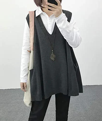 YESNO Women Loose Swing Chunky Cotton Sweater Vests Oversized Knit Pullovers Tops with Cute Drop Pockets M WM9 Gray