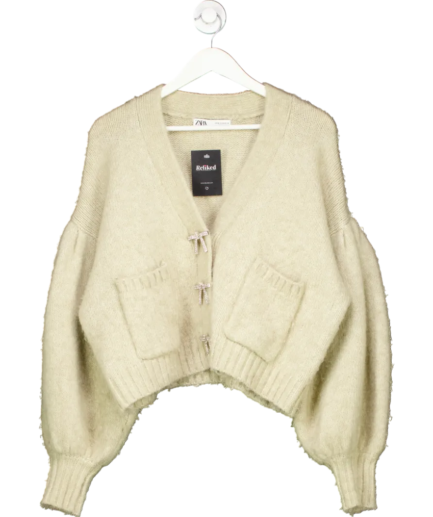 ZARA Beige Dimante Bow Button Cardigan UK M